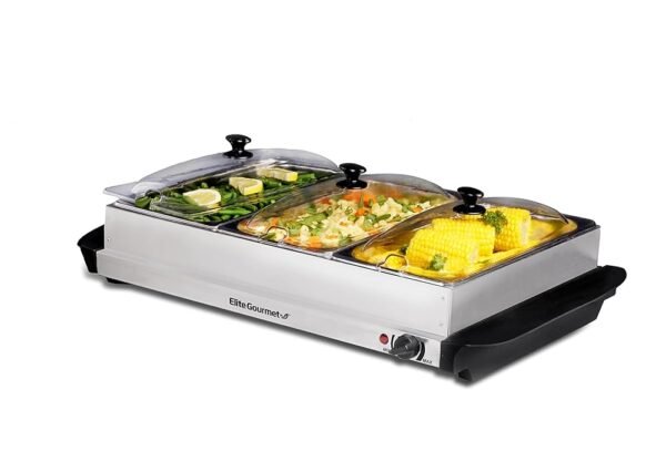 Elite Gourmet EWM-6171 Triple 3 x 2.5 Qt. Trays, Buffet Server, Food Warmer Temperature Control, Clear Slotted Lids, Perfect for Parties, Entertaining & Holidays, 7.5 Qt Total,...