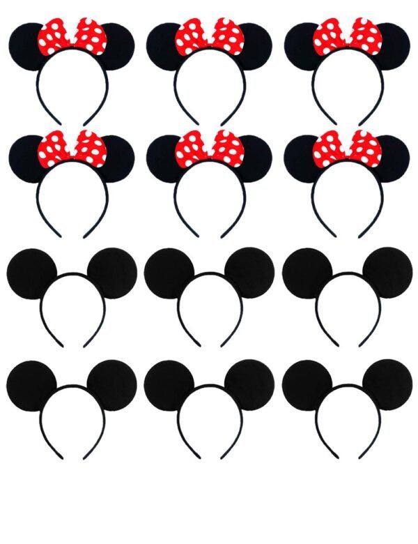 EUICAE Mouse Ears Headband Adult Headband Mouse Costume Solid Back Red Pink Bow for Girls Boys Birthday Party Theme Park Costume Play Celebration Pack of 12 (Black & Red)