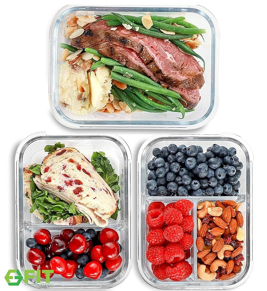 FIT Strong & Healthy Glass Meal Prep Containers with Lids, 1 & 2 & 3 Compartments – Portion Control Containers, Glass Lunch Box, Food Storage, Leak-Proof, Oven & Freezer Safe,...