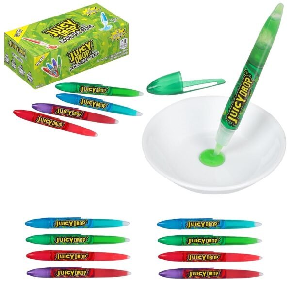 Juicy Drop Sour Candy Gel Pen, 12 Ct Sour Candy Gel Pens in Assorted Fruity Flavors, Full Size, Fun Sour Variety Pack For Party Favors, Birthday Parties, Goodie Bags, Gifts for...