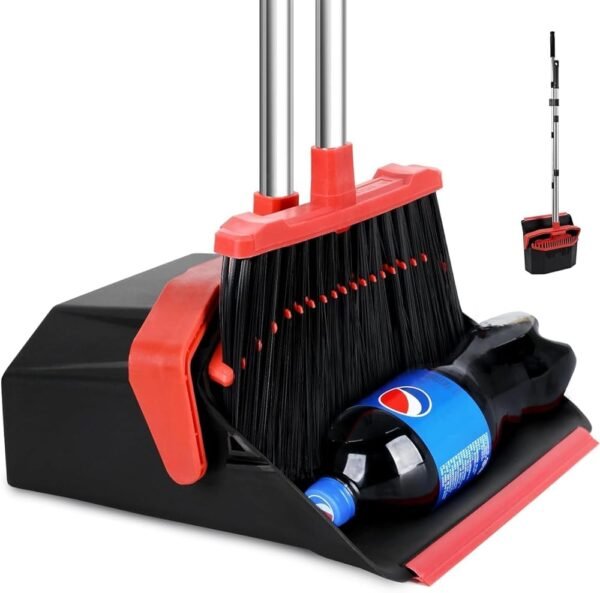 Large Upright Broom and Dustpan, Heavy Duty Dust Pan with 51" Long Handle for Indoor Outdoor Garage Kitchen Room (Black and Red)