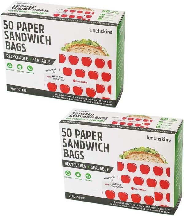 Lunchskins Recyclable + Sealable Paper Sandwich Bags, w/Closure Strip, 100-Count, Apple, 2-Pack
