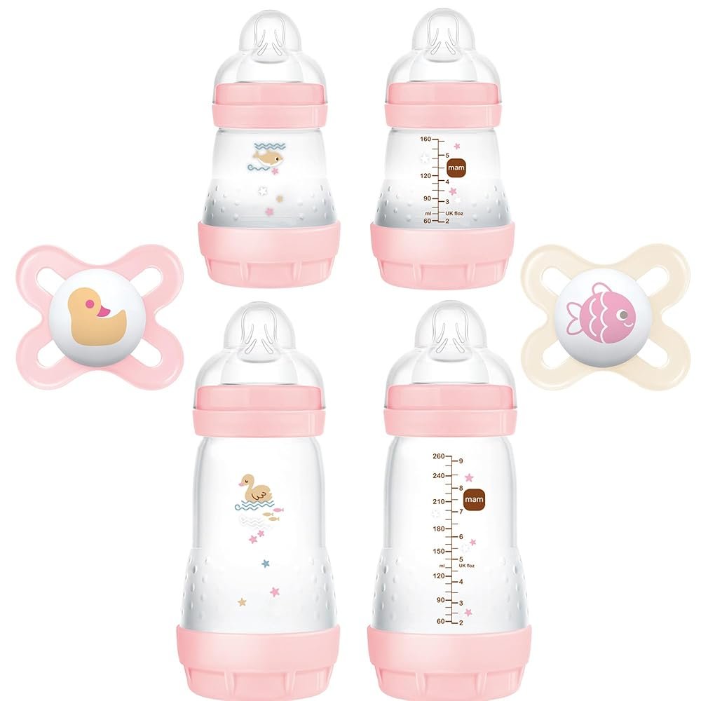 MAM Feed & Soothe Feeding Set, Newborn Essentials Must Have for 0-3 Months, Including 6 Pieces, Anti-Colic Baby Bottle Self-Sterilizing, Skinsoft Silicone Pacifiers, Baby Gift,...