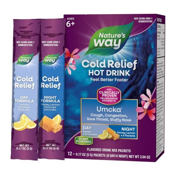 Nature's Way Cold Relief Hot Drink, Umcka, Homeopathic, Clinically Proven Pelargonium Sidoides 1X, for Cough, Congestion, Sore Throat, Stuffy Nose, Day & Night Formula, 12...