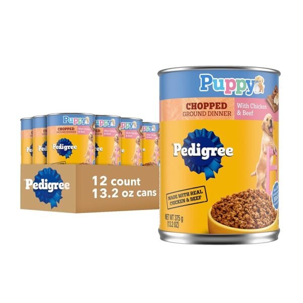 PEDIGREE CHOPPED GROUND DINNER Puppy Canned Soft Wet Dog Food With Chicken & Beef, 13.2 oz. Cans (Pack of 12)