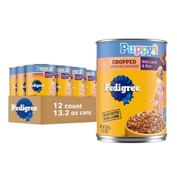 PEDIGREE CHOPPED GROUND DINNER Puppy Canned Soft Wet Dog Food With Lamb & Rice, 13.2 oz. Cans (Pack of 12)