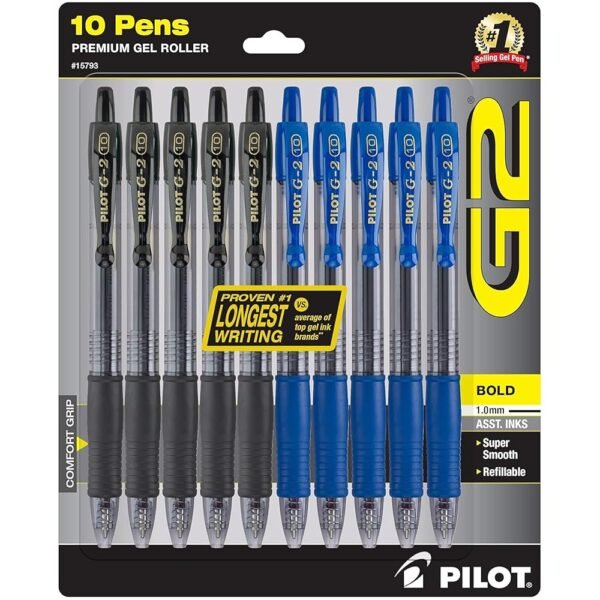 PILOT G2 Pens 1.0 mm - 10 Pack of 5 Blue and 5 Black Pens Ballpoint Bold Point, Refillable & Retractable