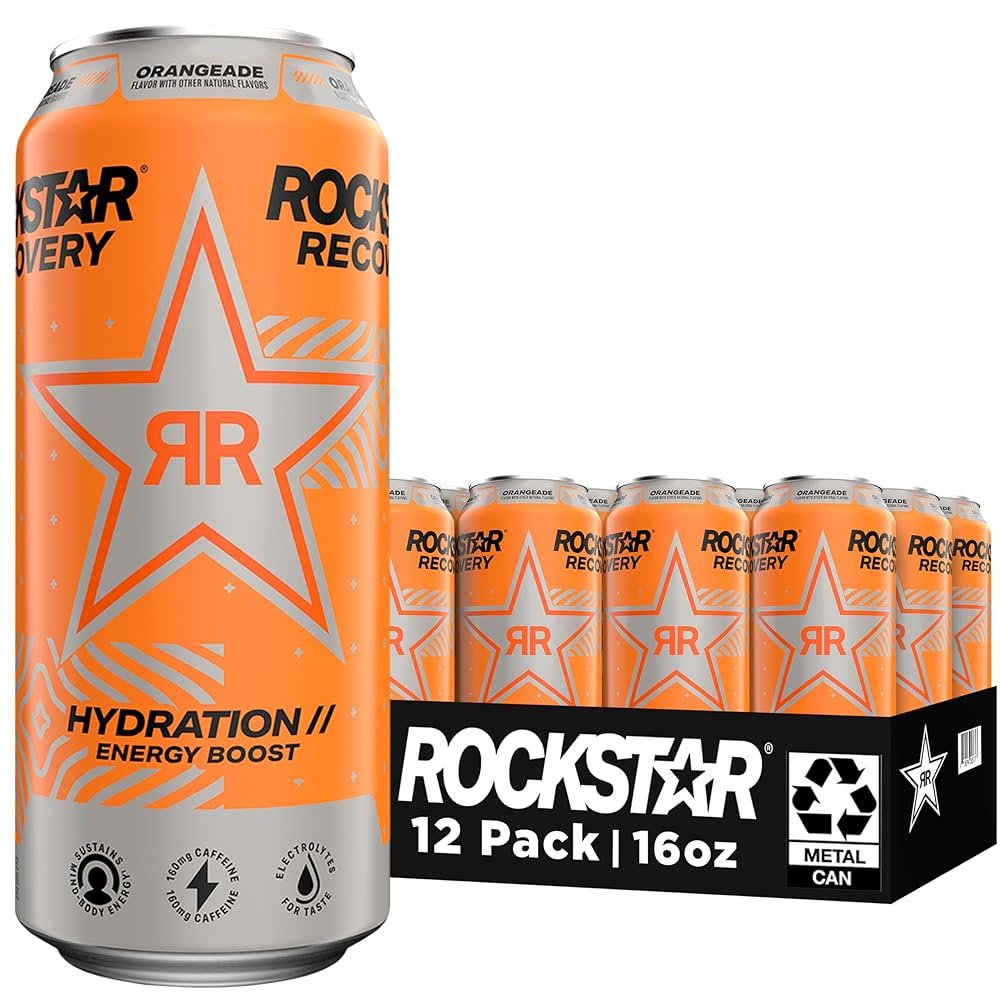 Rockstar Energy Drink with Caffeine Taurine and Electrolytes, Recovery Orange, 16 Fl Oz (Pack of 12)