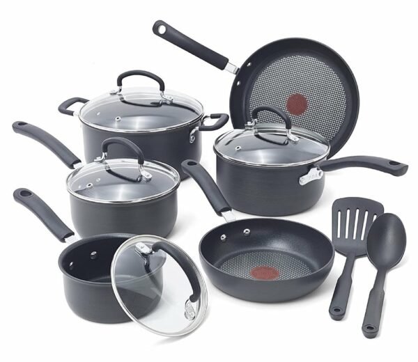T-fal Ultimate Hard Anodized Nonstick Cookware Set 12 Piece, Oven Broiler Safe 400F, Lid Safe 350F, Kitchen Cooking Set w/Fry Pans, Saucepans, Dutch Oven, Pots and Pans,...
