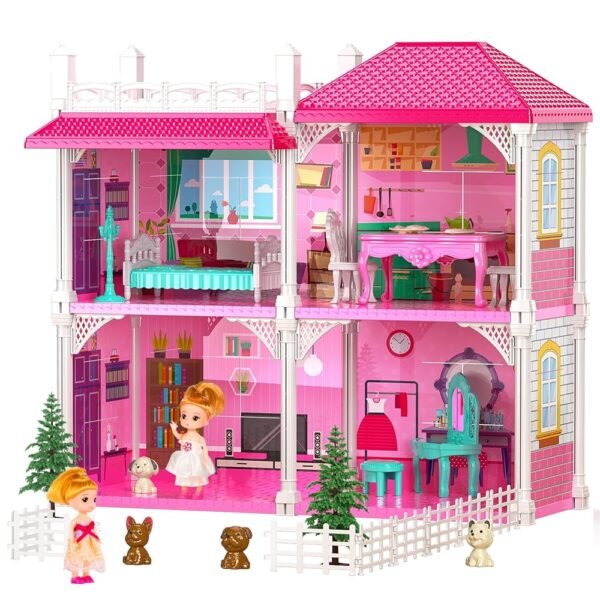 TEMI Villa Toys for 3-8 Years Old Girls - 2 Storeys 4 Rooms Indoor Playset with 2 Dolls, Furniture and Accessories, Pretend Girls Plays, Building Toys, Gifts for Kids 3-5