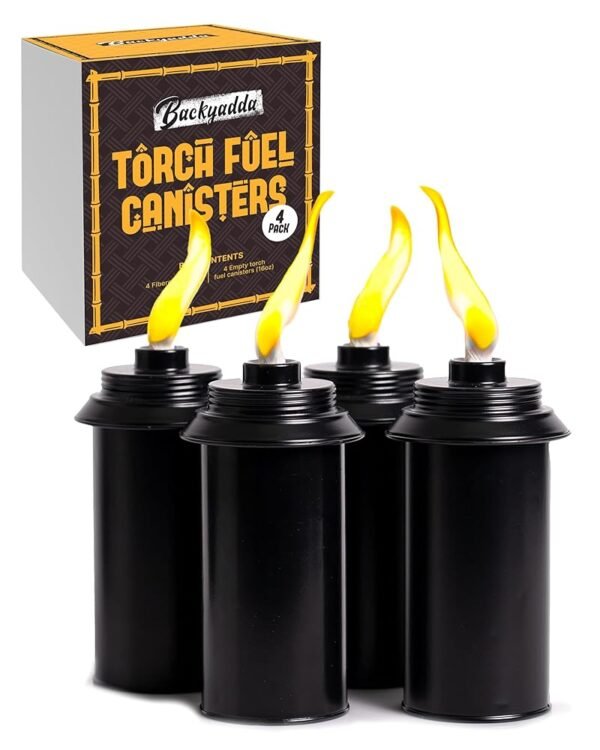 Torch Replacement Canisters (16 oz). Compatible with Tiki Torches. Easy Fill Opening. 4-Pack Standard Metal (Without Caps)