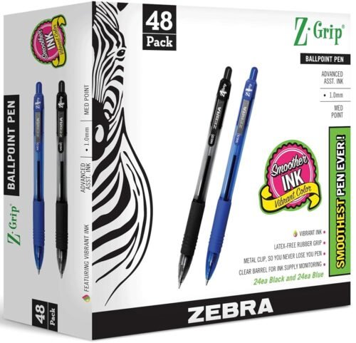 Zebra Pen Ballpoint - Bulk Pack Of 48 Z-grip Retractable Medium Point 1.0 mm, 24 Black Pens & 24 Blue Pens Combo Pack