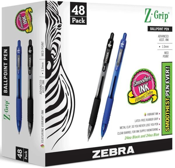Zebra Pen Ballpoint - Bulk Pack Of 48 Z-grip Retractable Medium Point 1.0 mm, 24 Black Pens & 24 Blue Pens Combo Pack