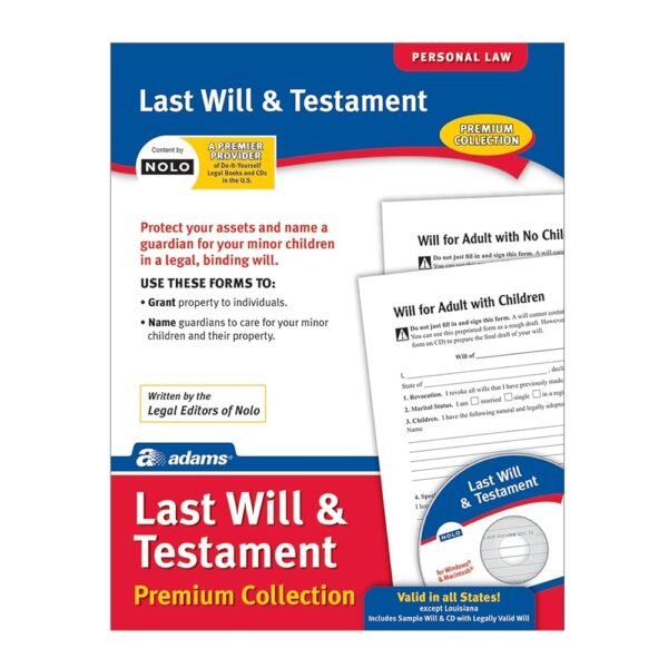 Adams Last Will and Testament, Forms and Instructions, Downloadable Product Details on Packaging, USA Only (LF235) 11x"8.5"x0.13"
