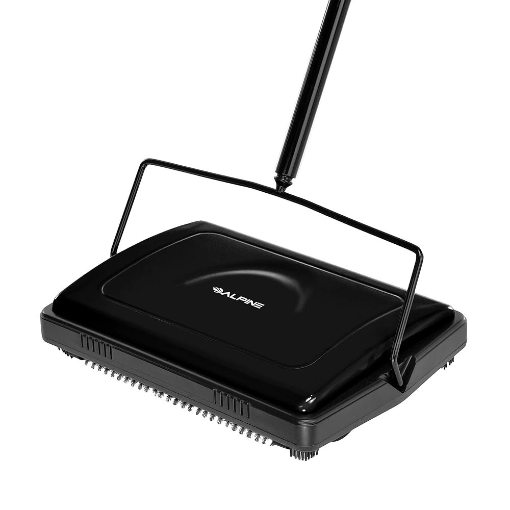Alpine Triple Brush Floor & Carpet Sweeper – Heavy Duty & Non Electric Multi-Surface Cleaner - Easy Manual Sweeping for Carpeted Floors - Black