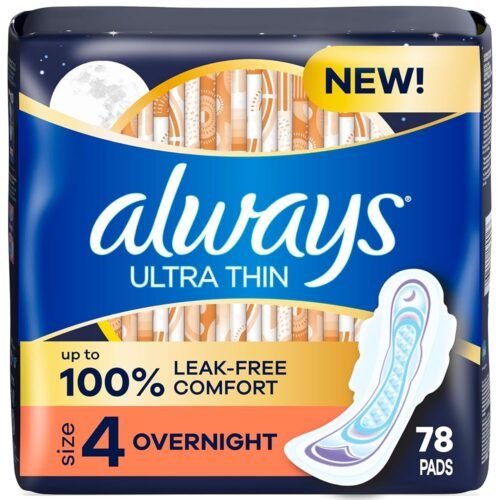 Always Ultra Thin Overnight Pads with Flexi-Wings, Size 4, Overnight, Unscented, 78 Count Total (3 Packs of 26)