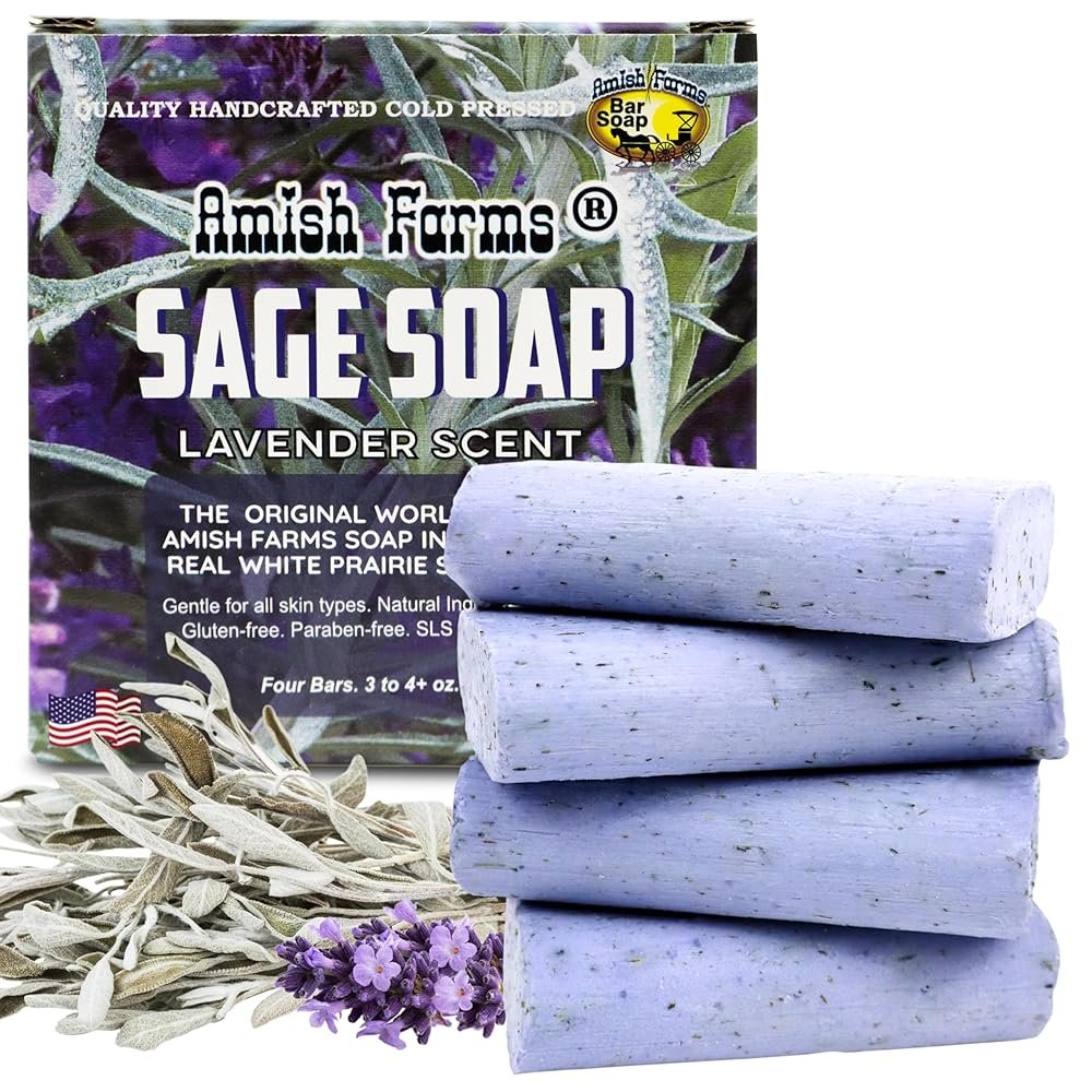 Amish Farms Sage Soap Bar, Original Recipe with Bentonite Clay, Lavender Scent – Handmade in USA, Face & Body Soap Scrub, No Parabens, No SLS, Gentle for Sensitive Skin (4 Bars)