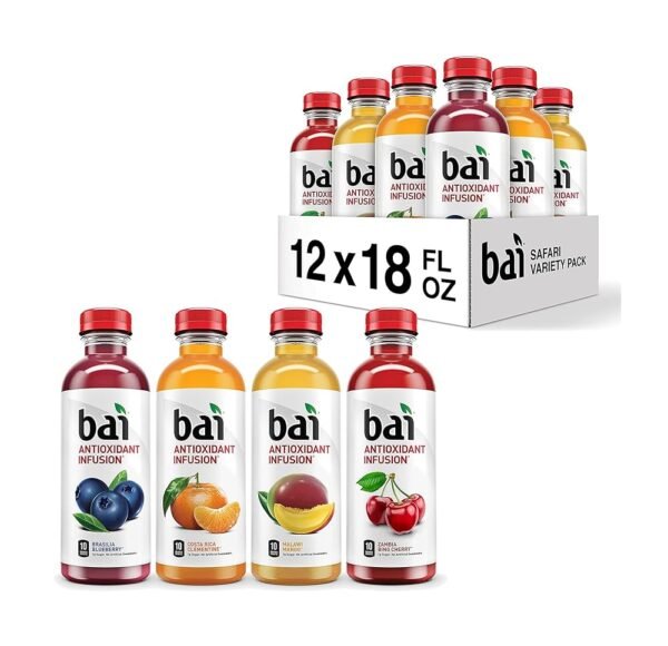 Bai Flavored Water, Safari Variety Pack, Antioxidant Infused Drinks, 3 Each of Brasilia Blueberry, Costa Rica Clementine, Malawi Mango, Zambia Bing Cherry,18 Fl Oz Bottles (Pack...