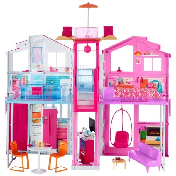 Barbie Doll House Playset, 3-Story Townhouse with 4 Rooms & Rooftop Lounge, Furniture & Accessories Including Swinging Chair (Amazon Exclusive)
