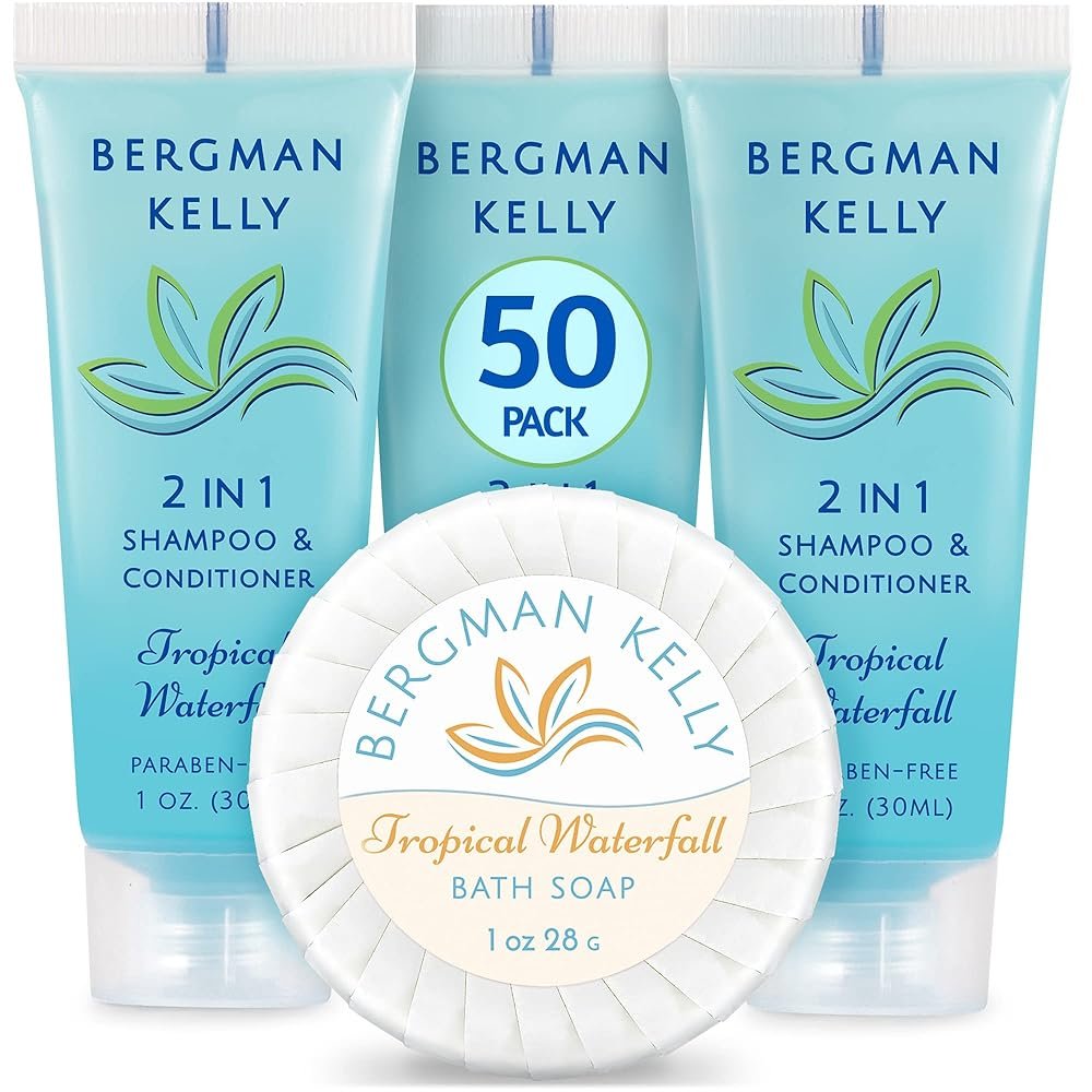 BERGMAN KELLY Round Soap Bars, 2in1 Shampoo & Conditioner 2-Piece Set (Tropical Waterfall, 1 oz each, 100 pc), Delight Your Guests with Revitalizing & Refreshing Sanitary...
