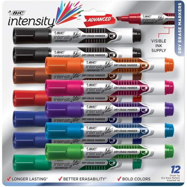 BIC Intensity Advanced Colorful Dry Erase Markers, Chisel Tip, 12-Count Pack of Assorted Colors, Whiteboard Markers for Teachers and Office Supplies