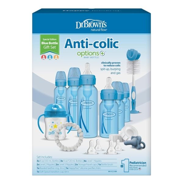 Dr. Brown's Natural Flow Anti-Colic Options+ Special Edition Blue Baby Bottle Gift Set with Soft Sippy Spout Transition Cup, Flexees Teether, Bottle Cleaning Brush and Travel Caps