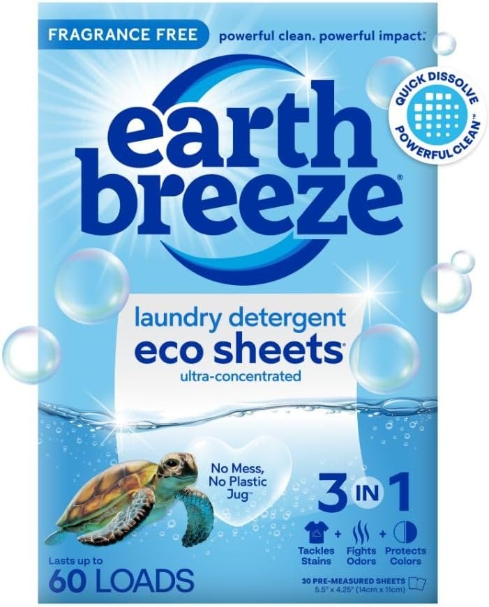 Earth Breeze Laundry Detergent Sheets Fragrance-Free - 60 Loads Eco Liquidless Soap - Travel-Friendly for Hot & Cold Cycles, Tackles Tough Stains & Odors - Gentle on Sensitive...