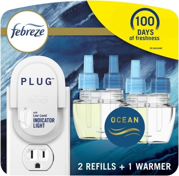 Febreze Plug in Air Freshener, Odor-Fighting Scented Oil Starter Kit, Air Fresheners for Home and Bathroom and Kitchen, Long Lasting for Strong Odors, Ocean Scent, Warmer + 2...