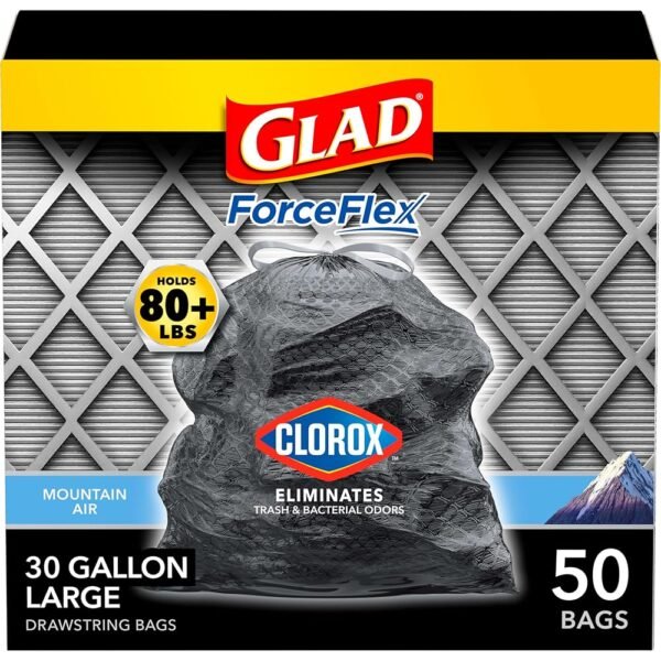 Glad Large Trash Bags, ForceFlex with Clorox, 30 Gal, Mountain Air, 50 Ct (Package May Vary)