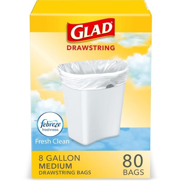 Glad Medium Kitchen Drawstring Trash Bags, 8 Gal, Fresh Clean Scent, 80 Ct (Package May Vary)
