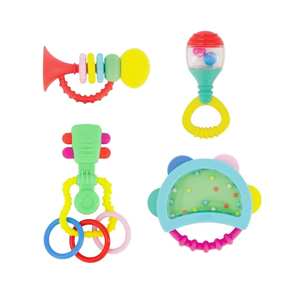 Infantino Baby's 1st Teethe and Play Music Set - Baby Essentials 4 Piece Gift Set, Instrument Themed Teethers and Rattles for Sensory Stimulation and Motor Development for...