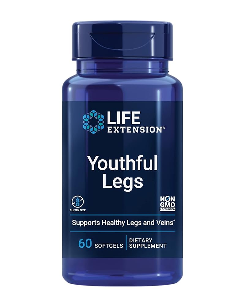 Life Extension Youthful Legs, blood flow, vein support, circulation supplement, leg health, orange peel extract, diosmin, gluten free, non-GMO, 60 softgels