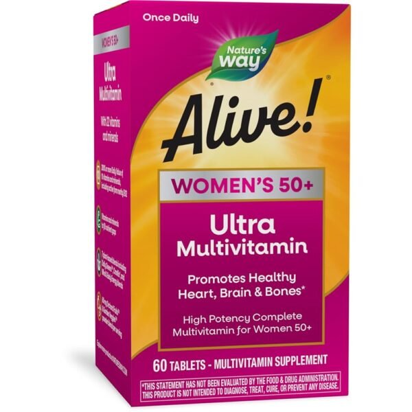 Nature’s Way Alive! Women’s 50+ Ultra Potency Complete Multivitamin, High Potency Formula, Promotes Healthy Heart, Brain, Bones*, with Methylated B12, Gluten-Free, 60 Tablets