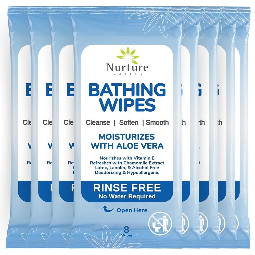 Nurture Rinse Free Bathing Wipes for Adults w/Aloe | Waterless Cleansing for sensitive skin | Disposable Adult Body Bath Wet Wipe for Disabled Bedridden | 64 wipes
