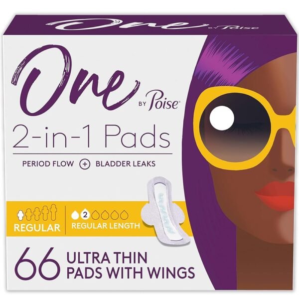 One by Poise Feminine Pads with Wings (2-in-1 Period & Bladder Leakage Pads for Women), Regular, Regular Absorbency for Period Flow, Very Light Absorbency for Bladder Leaks, 66...