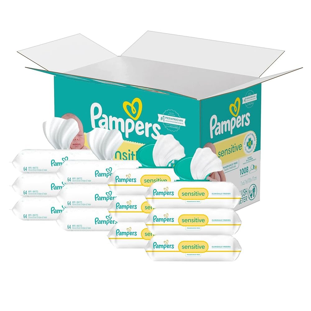 Pampers Sensitive Baby Wipes, Water Based, Hypoallergenic and Unscented, 8 Flip-Top Packs, 4 Refill Packs (1008 Wipes Total)