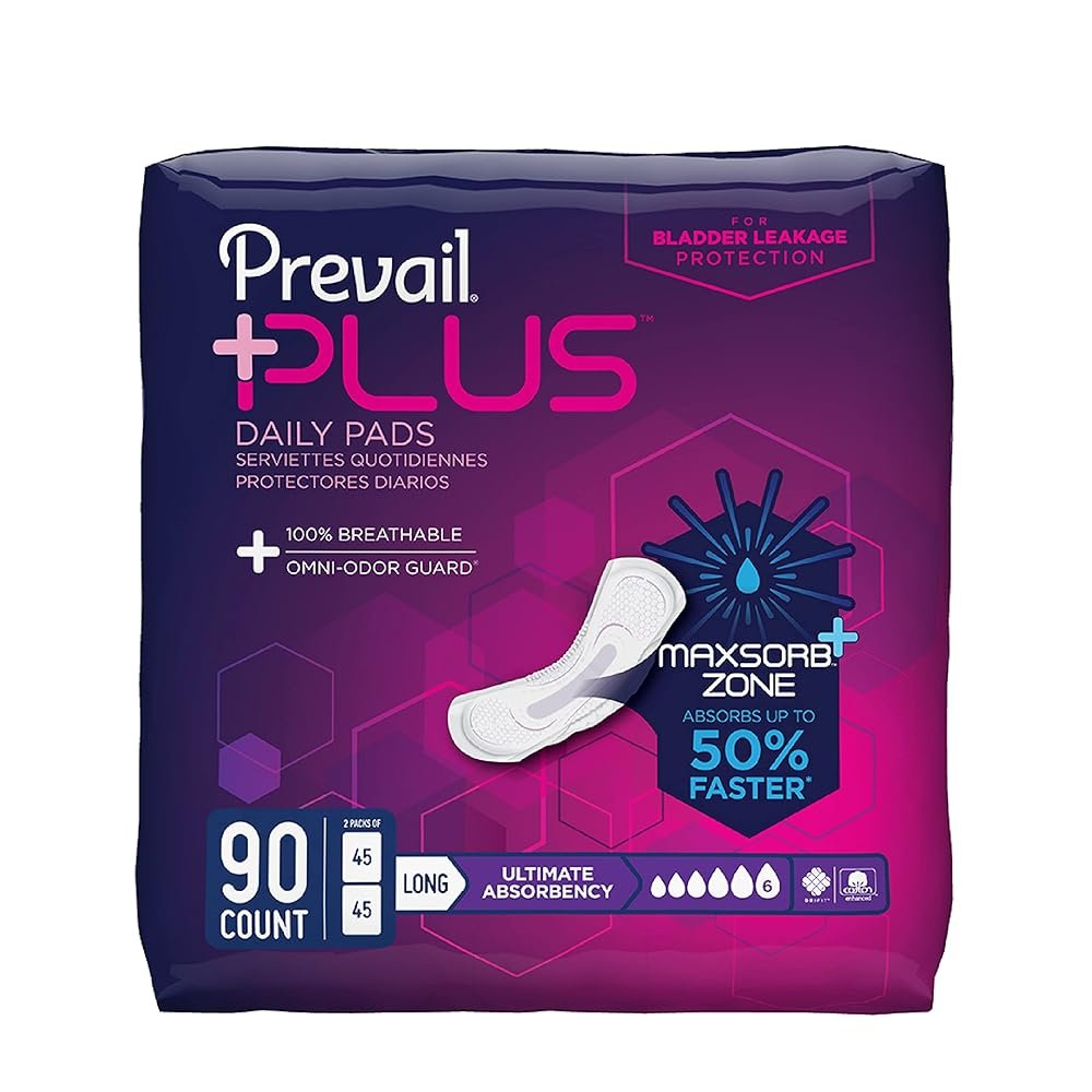 Prevail Plus | Long Length Incontinence Bladder Control Pads | Ultimate Absorbency | 90 Count (2 packs or 45)
