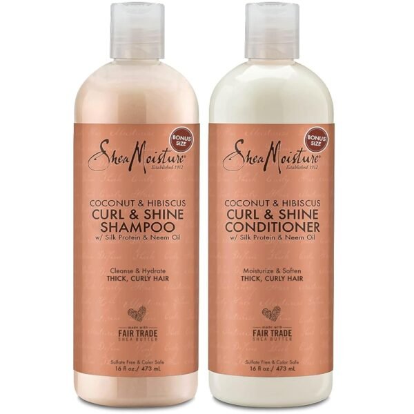 SheaMoisture Shampoo & Conditioner, Coconut & Hibiscus – Moisturizing Curl & Shine Formula for Thick, Curly Hair, 16 Oz Ea