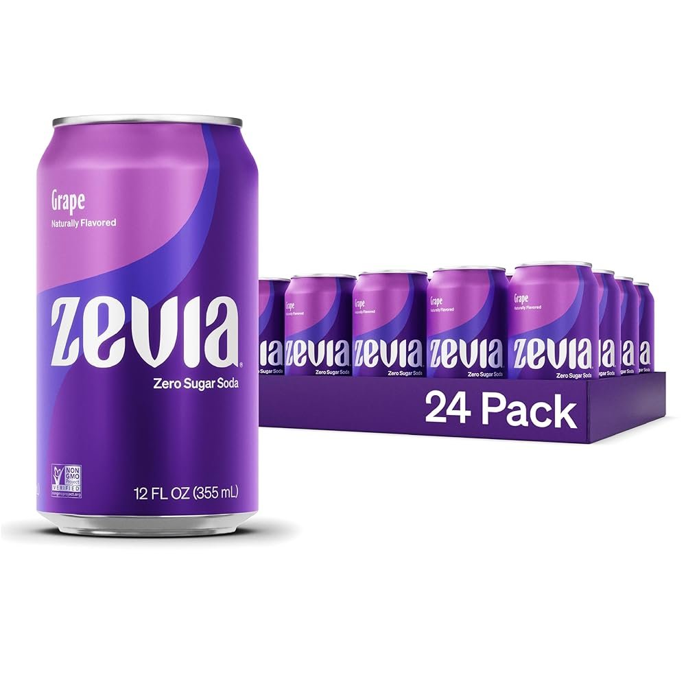 Zevia Zero Sugar Soda, Grape, 12 oz Cans (24-Pack) – Naturally Sweetened, Zero Calorie Sugar Free Soda - Non-GMO Project Verified, Gluten-Free, Vegan