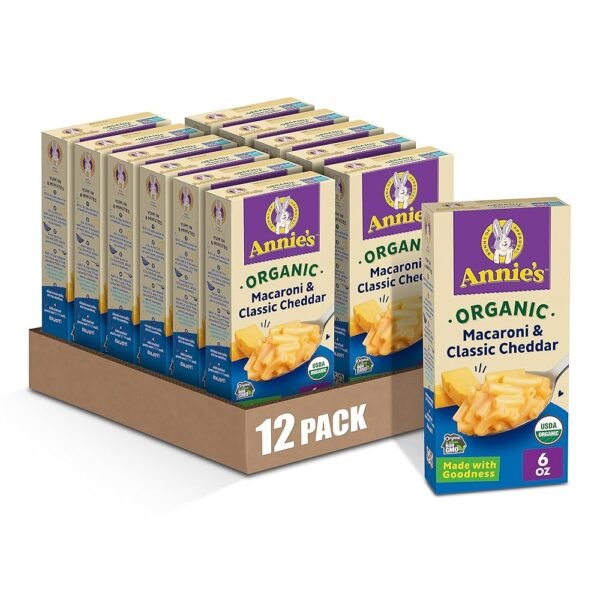 Annie's Organic Macaroni and Classic Cheddar, Mac and Cheese, Dinner Side or Snacks, 6 oz (Pack of 12)