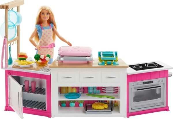 Barbie Kitchen Playset with Doll, Lights & Sounds, Food Molds, 5 Dough Colors and 20+ Accessories