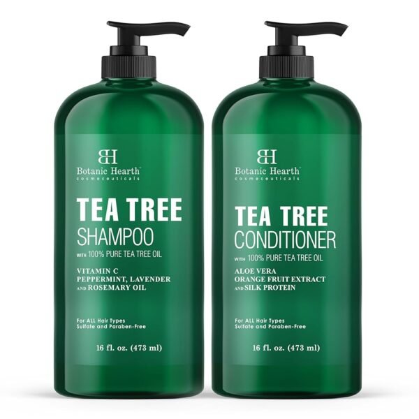 Botanic Hearth Tea Tree Shampoo and Conditioner Set - with 100% Pure Tea Tree Oil, for Itchy and Dry Scalp, Sulfate/Paraben Free - for Men and Women - 16 fl oz each