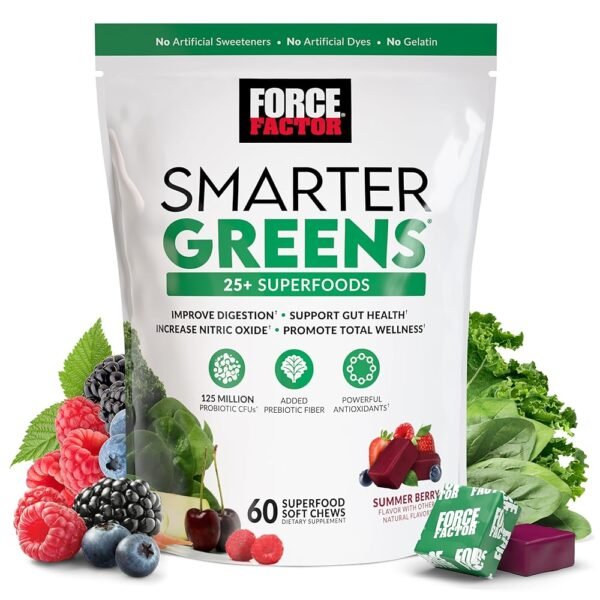 FORCE FACTOR Smarter Greens Superfood Chews, Greens and Superfoods with Probiotics, Antioxidants, and Fiber, Greens Supplement to Support Digestion, Nitric Oxide, and Energy, 60...