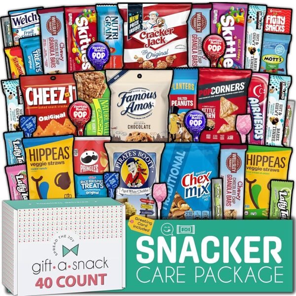Gift A Snack - Snack Box Variety Pack Care Package + Greeting Card (40 Count) Birthday Sweet Treats Gift Basket, Candies Chips Crackers Bars