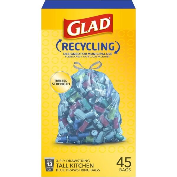 Glad Trash Bags, Recycling Tall Drawstring Kitchen Garbage Bags, Blue, 13 Gallon, 45 Count, Pack May Vary