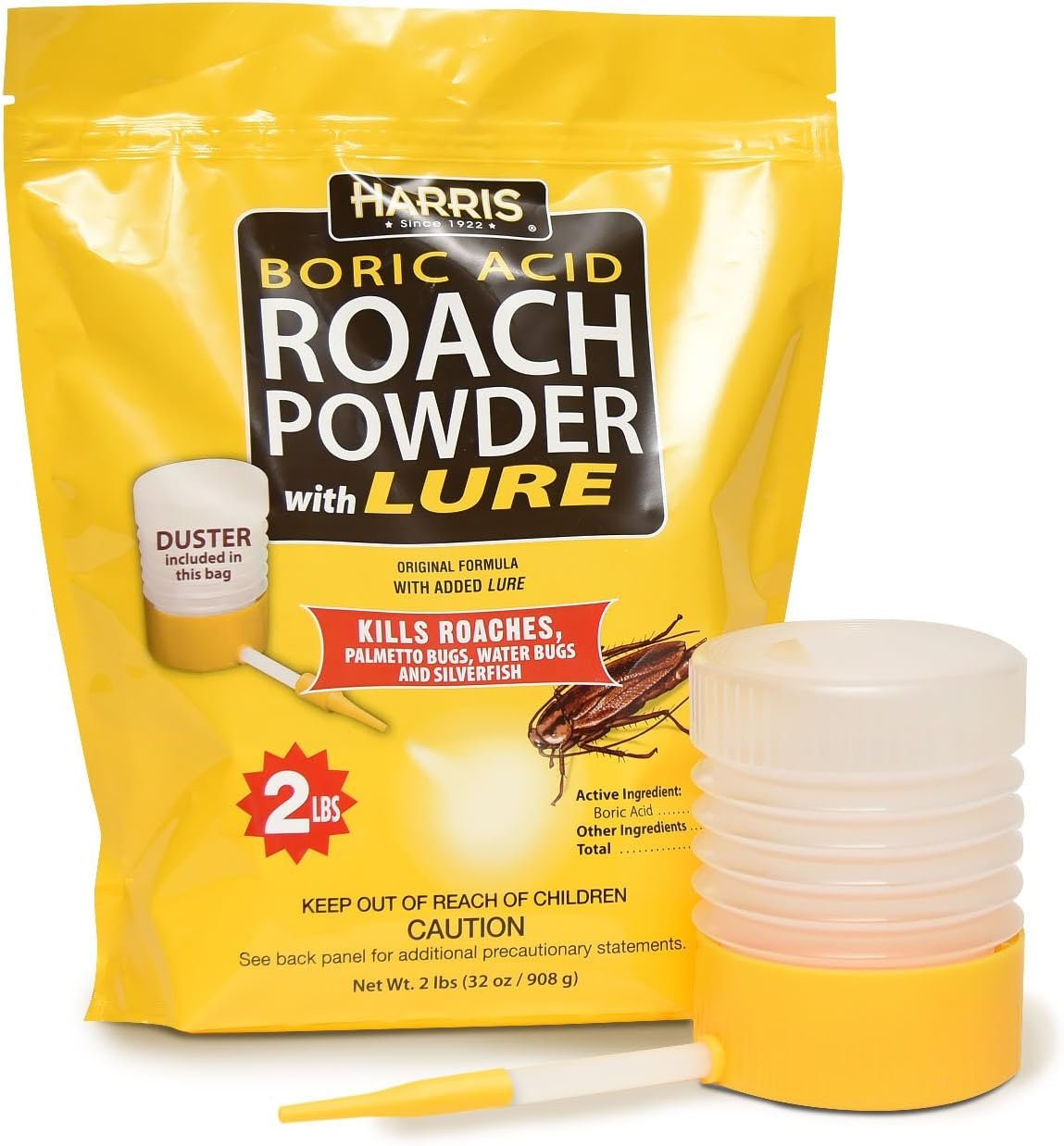 Harris Boric Acid Roach and Silverfish Killer Powder w/Lure, Powder Duster Included in The Bag (32oz)