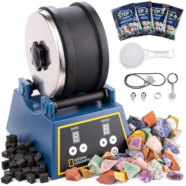 National Geographic Rock Tumbler Kit - 3 Lb. Extra Large Capacity Barrel with 3-Speed Motor & 9-Day Timer, Kit Includes Rocks for Tumbling and Rock Polisher Grit, Rock Tumbler...