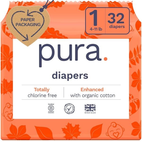 Pura Hypoallergenic Diapers, Size 1 (4-11 lbs), Newborn, Totally Chlorine Free, Wetness Indicator, Suitable for Sensitive Skin, Soft Organic Cotton Comfort, Overnight, 1 Pack of...