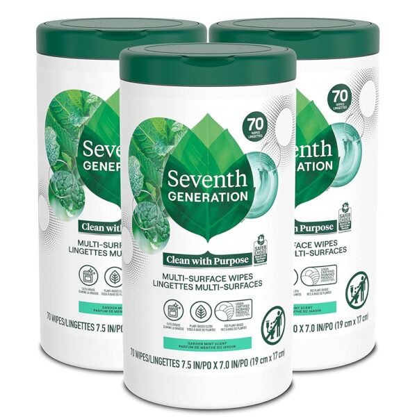Seventh Generation Multi Purpose Wipes All Purpose Cleaning Garden Mint scent with 100% Essential Oils and Botanical Ingredients 70 count, Pack of 3