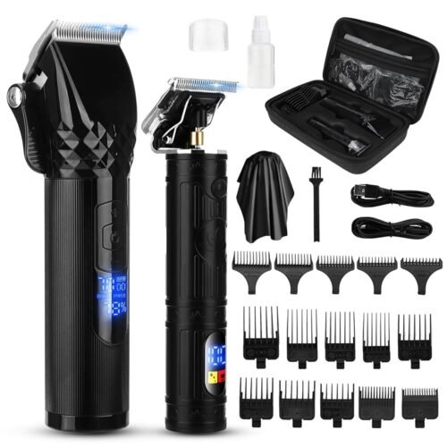 Soonsell 2-in-1 Cordless Hair Clipper and Trimmer Set, 15 Combs (1-25mm), LED Power Display, USB Fast Charge, Storage Case, Ultra-Quiet for Men, Women, Kids